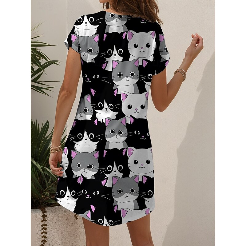 Women's Mini Dress Casual Dress T Shirt Dress Tee Dress A Line Dress Summer Dress Vacation Casual Holiday Regular Fit Graphic Animal Cat Short Sleeve Crew Neck V Neck Black And White Yellow Pink Blue2