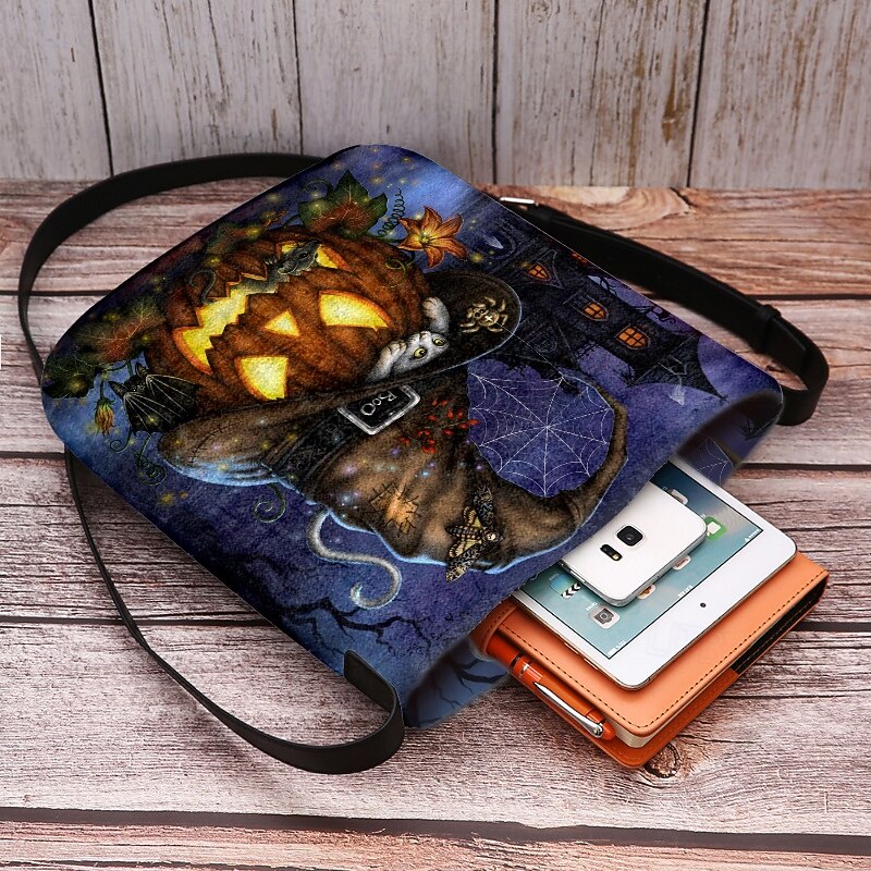 Women's Halloween Pumpkin Crossbody Bag - Witch Hat and Cat Print, Adjustable Strap, Lightweight Flocked Shoulder Bag, Perfect for Holiday Parties and Trick or Treat Events4