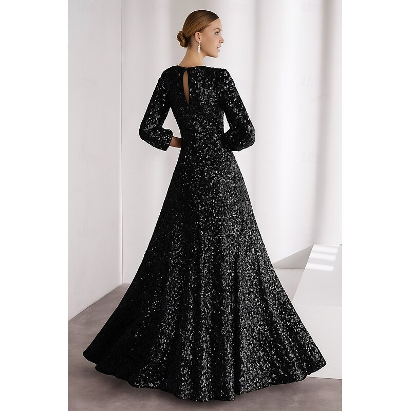 Gold Black Tie Sequined A-Line Evening Gown Elegant Dress Formal Wedding Floor Length 3/4 Length Sleeve V Neck with Glitter Pleats2