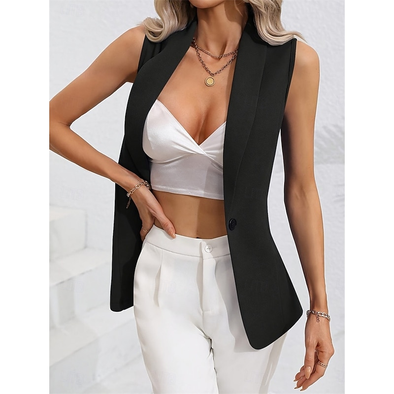 Women's Vest Blazer Comfortable Breathable Pocket OL Style Modern Plain Formal Office Street Casual Single Breasted Regular Turndown Regular Fit Sleeveless Outerwear Black Pink Summer Spring4
