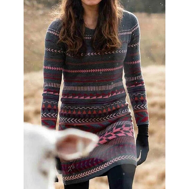 Women's Sweater Casual Soft Geometric Ribbed Crew Neck Knitted Print Long Sleeve Long Tops Knit Outdoor Daily Weekend Black Navy Blue Fall Winter3