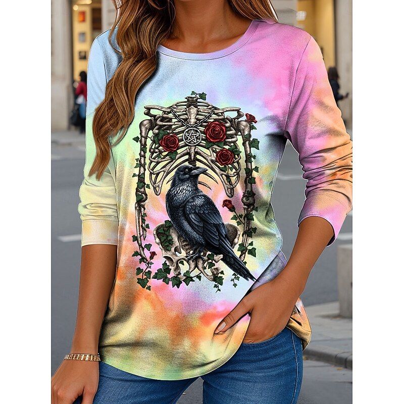 By Sarah Richter Halloween Women's T Shirt Skulls Crew Neck Long Sleeve Tunic Graphic Tie Dye Vintage Stylish Classic  Regular Tops Daily Print Pink Purple Green Fall