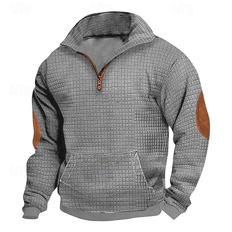 Men's Waffle Sweatshirt Sweatshirt Black Navy Blue Khaki Dark Gray Gray High Neck Standing Collar Plain Zip Up Front Pocket Sports & Outdoor Casual Daily Streetwear Cool Sportswear Spring &  Fall