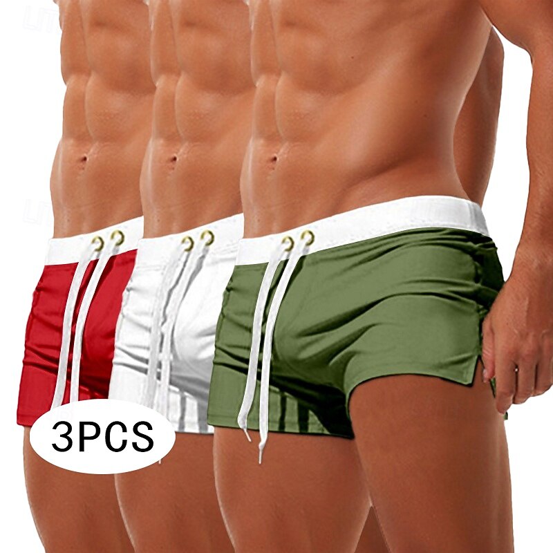 3Pcs Men's Swim Trunks Swim Shorts Board Swim Briefs Elastic Waist Drawstring Zipper Pocket Solid Color Quick Dry Breathable Short Casual Daily Beach Fashion Classic Style Black Micro-elastic