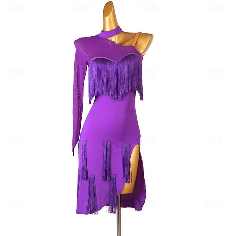 Violet Veil Latin Dance Dress for Women – Sparkly Sequin Fringe Costume, Perfect for Cha‑Cha, Rumba & Ballroom Performance