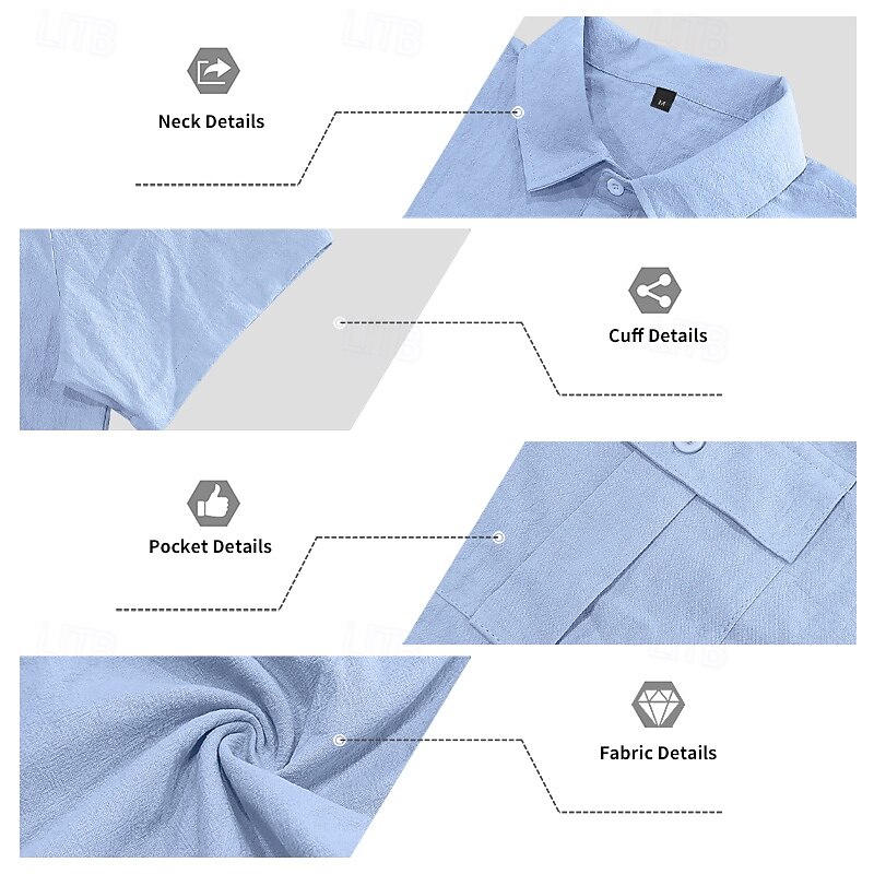 Men's Shirt Linen Shirt Summer Shirt Beach Wear Button Up Shirt Cargo Shirt Solid Color Vacation Street Black White Navy Blue Blue Short Sleeve Turndown Summer Spring Clothing Apparel Pocket3