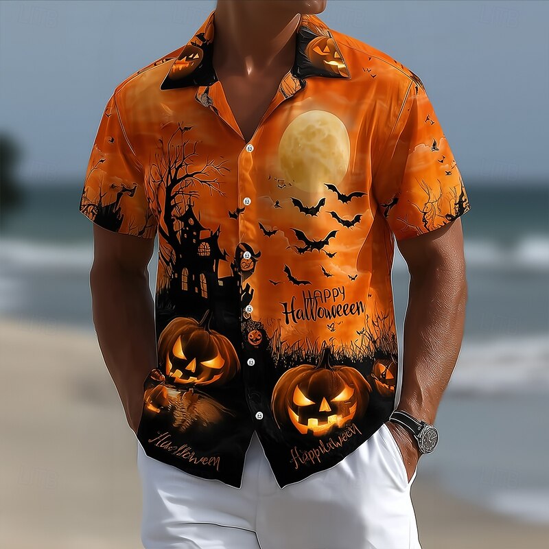 Halloween Men's Pumpkin Cemetery Halloween Costumes Shirt Cuban Collar Shirt Button Up Shirt Short Sleeve Dark Punk Gothic Style Holiday Streetwear Summer Camp Collar Shirt 3D Print Orange red Orange