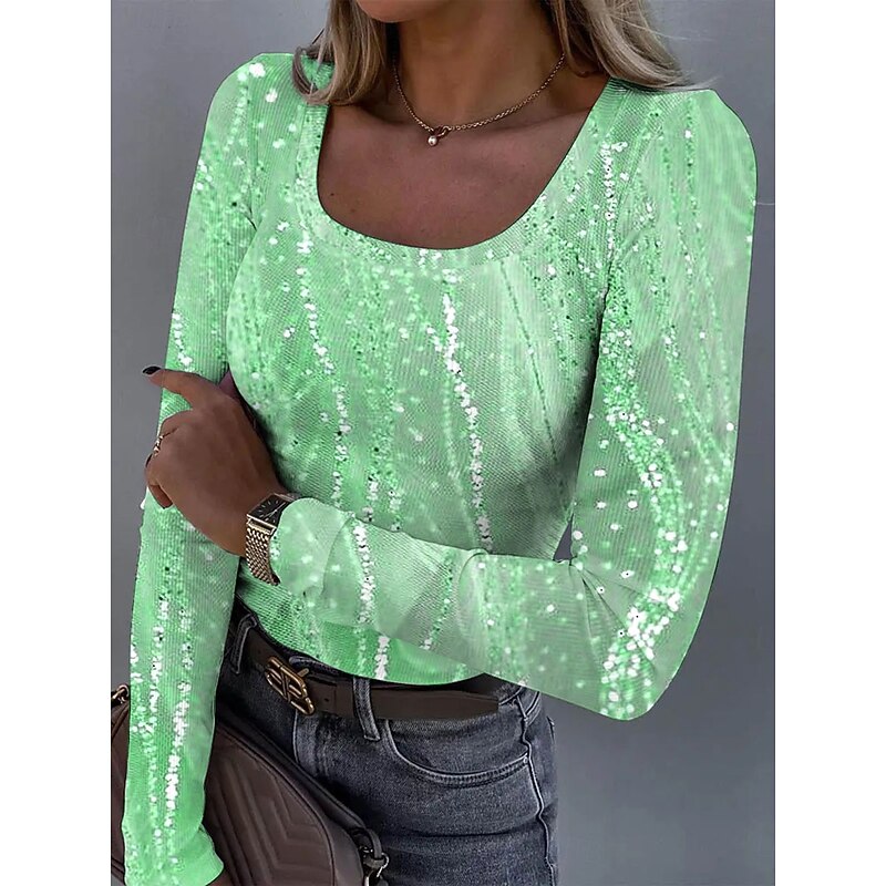 Women's T shirt Long Sleeve Ribbed Graphic Square Neck Long Sleeve Casual Ombre Abstract Vintage Stylish Classic Regular Tops Daily Print Blue Purple Gold Green  Spring Fall Prefall4