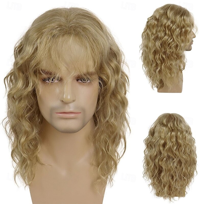 20 Inch 80s Rock Wigs for Men and Women Wig Long Blonde Wig with Bangs 1980s Costume Halloween Blonde Curly Wavy Wigs Mullet Rocker Disco Punk Style