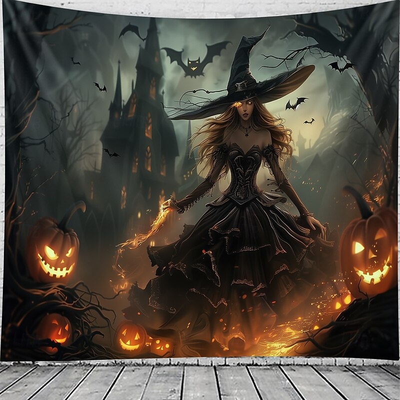Halloween Gothic Witch Wall Tapestry – Dark Forest Scene with Jack-o'-Lanterns, Spooky Night Sky, Horror Backdrop for 2025 Halloween Living Room, Bedroom, Party Decoration