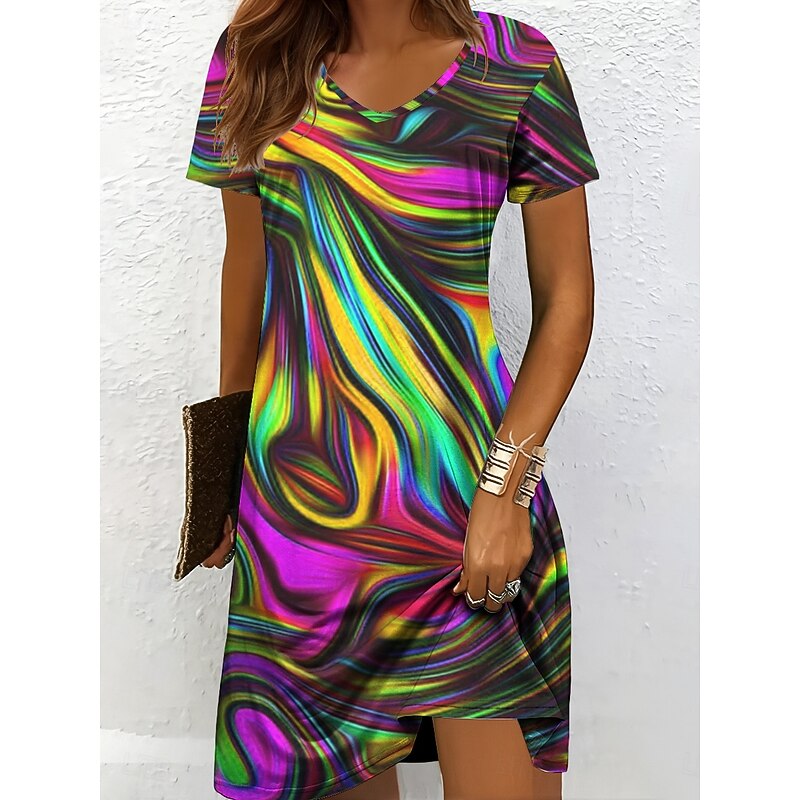 Women's Mini Dress Knit Dress Casual Dress T Shirt Dress Tee Dress Sundress Elegant Vacation Casual Party Beach Regular Fit Graphic Abstract Short Sleeve V Neck Black And White Yellow Red Blue Summer4
