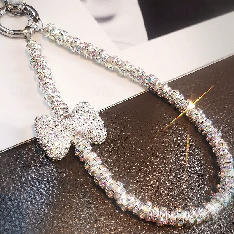 New Fashion Women's Full Diamond Light Luxury Bow Clip Diamond Ring Phone Chain Wrist Hanging Chain Phone Rope Short3