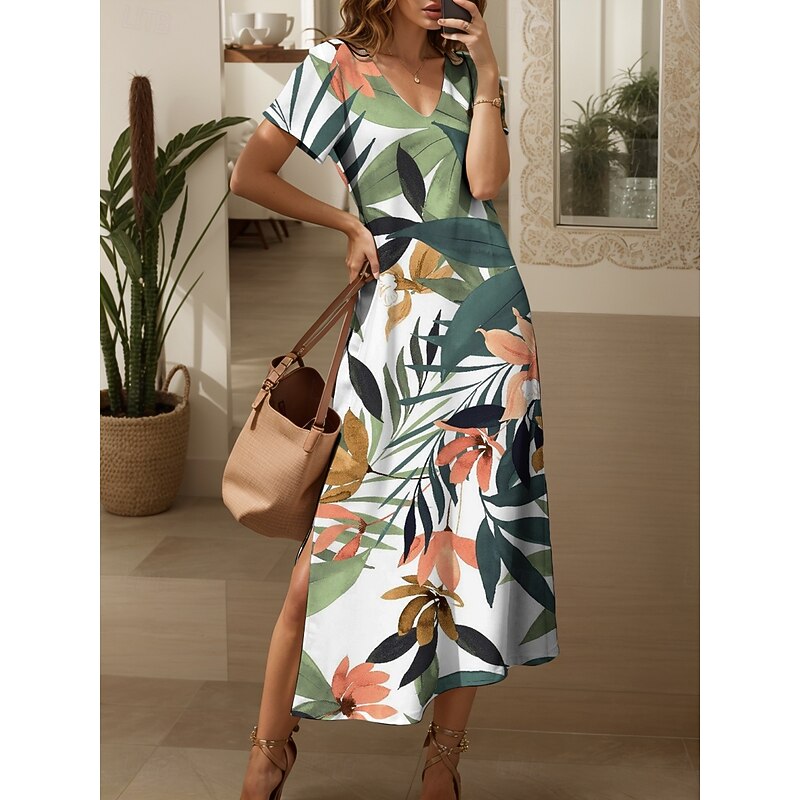 Women's Midi Dress Knit Dress Casual Dress Sundress A Line Dress Elegant Vacation Casual Beach Regular Fit Floral Graphic Leaf Short Sleeve V Neck Yellow Pink Blue Purple Summer Spring