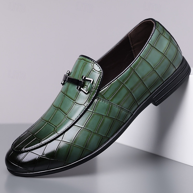 Green Crocodile-Patterned Slip-On Loafers for Men – Casual Business Style, Comfortable Faux Leather Shoes for Office and Daily Wear