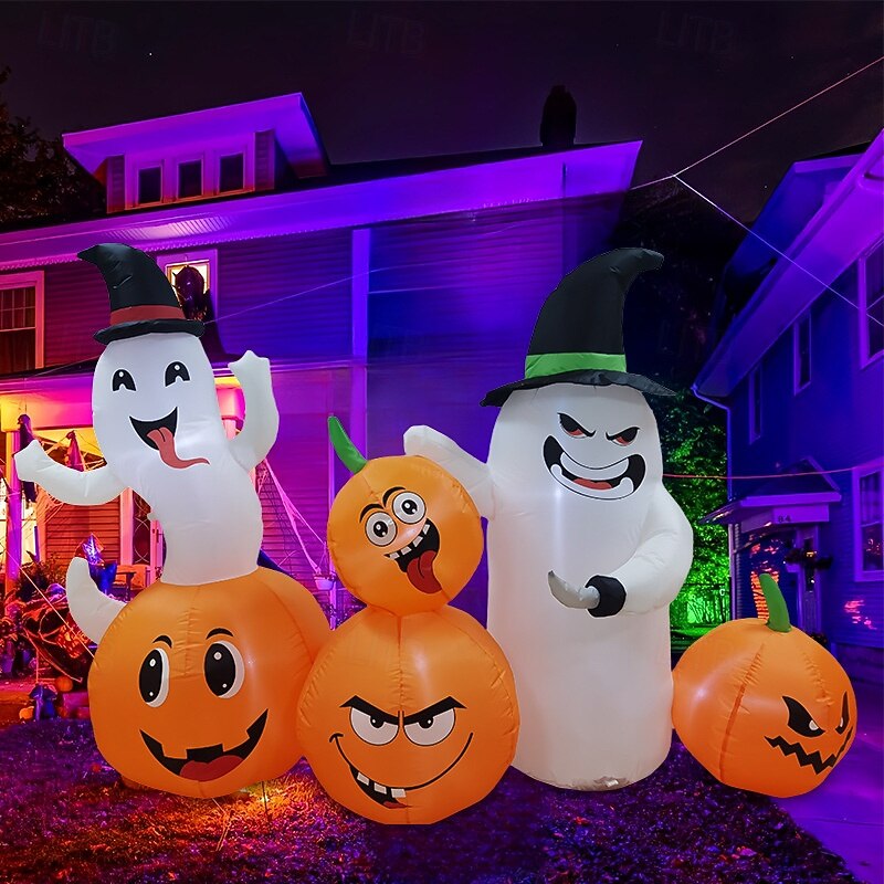Costway 6 FT Long Halloween Inflatable Decor 4 Pumpkins & Ghosts w/ Built-in LED Lights