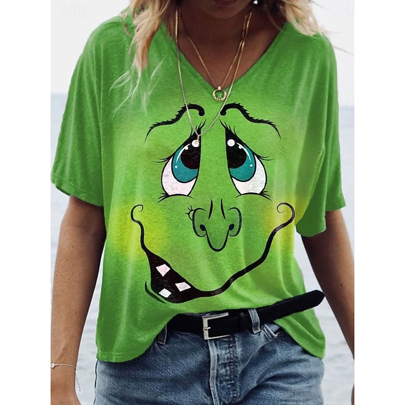 Halloween Women's T shirt Monster Graphic Witch Vintage Stylish Classic Short Sleeve V Neck Regular Tops Daily Print Blue Purple Green Khaki Summer Spring Fall