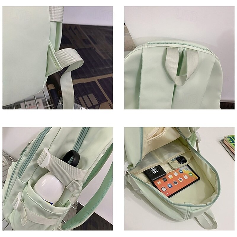 Women's Pastel Green School Backpack – Lightweight Large Capacity Travel Bag with Multiple Pockets and Side Straps3