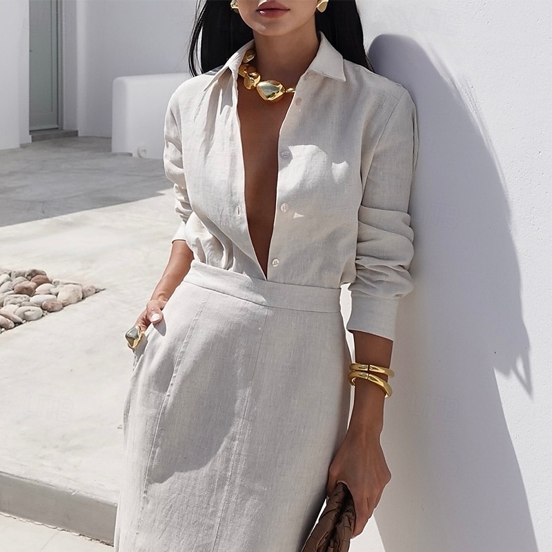 Women's Elegant Vacation Vintage Skirt Sets Long Sleeve Shirt Collar Solid Color Vacation Casual Daily Light Grey Spring Regular Fit2