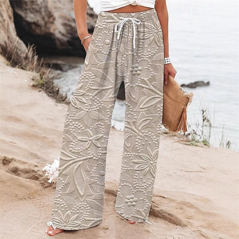Women's Wide Leg Pants Trousers Palazzo Pants Fashion Streetwear Full Length High Waist Flower Elastic Waist Drawstring Print Breathability Comfortable Micro-elastic Street Daily Wear Going out Khaki