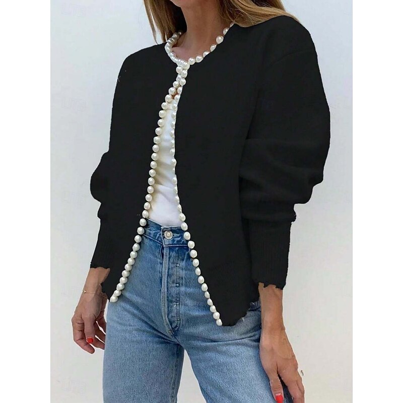 Women's Sweater Cardigan Elegant Fashion Streetwear Pure Color Crew Neck Beaded Knitted Long Sleeve Regular Tops Knit Outdoor Daily Weekend Black Fall Winter4