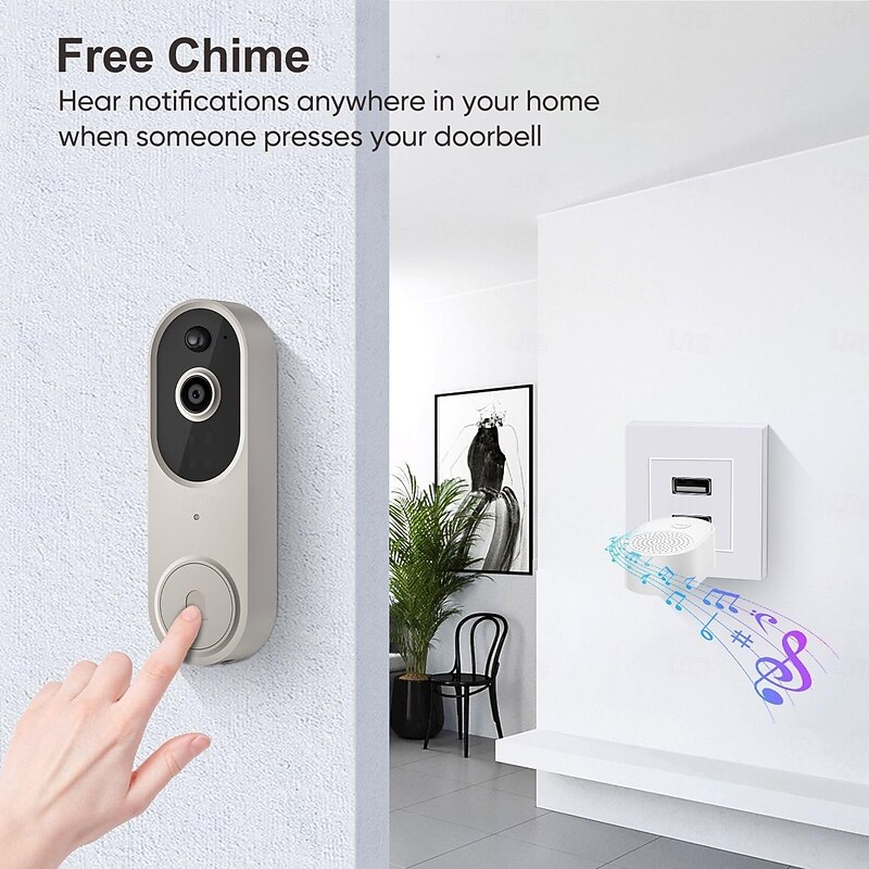 Smart Video Doorbell with Wireless Chime, Night Vision Camera, Two-Way Audio (T50 Beige (Including Dingdong, USB Cable))4