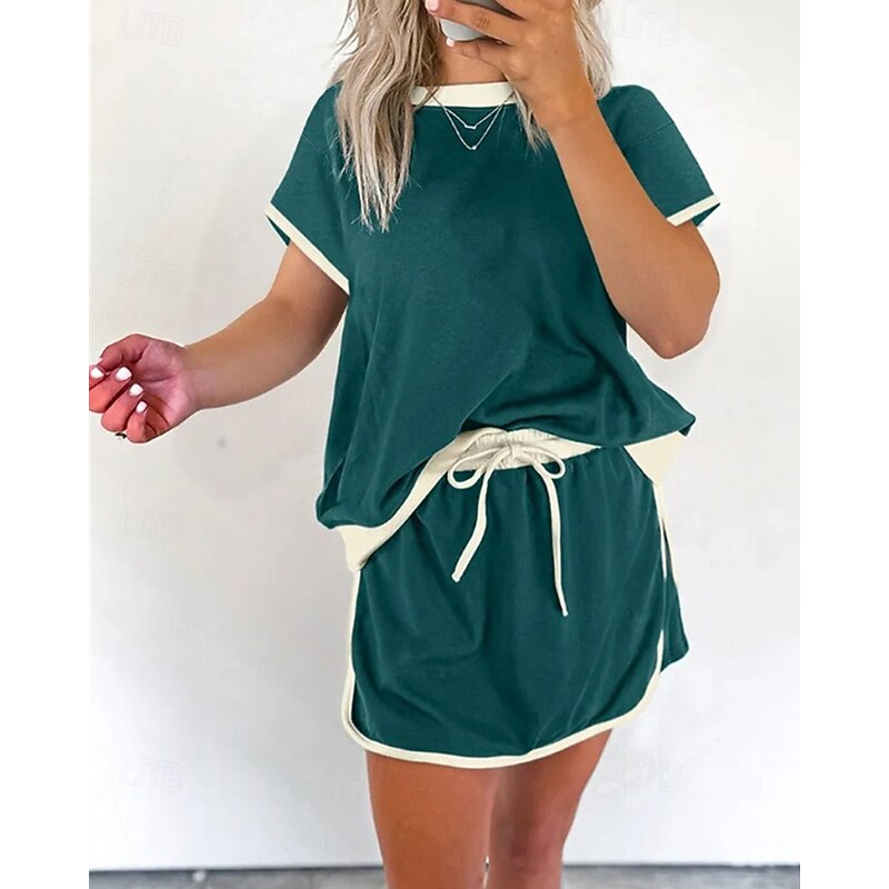Women's Fashion Basic T Shirt Skirt Sets Shorts Sets Short Sleeve Crew Neck Color Block Patchwork Vacation Casual Daily Black Pink Sky Blue Summer Regular Fit3