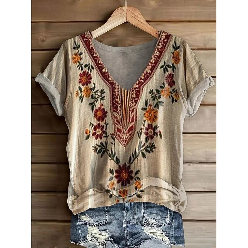 Women's T Shirt Floral Graphic Paisley Bohemia Vintage Stylish Short Sleeve V Neck Regular Tops Daily Going out Weekend Print Red Light Brown Green off-white Summer Spring2
