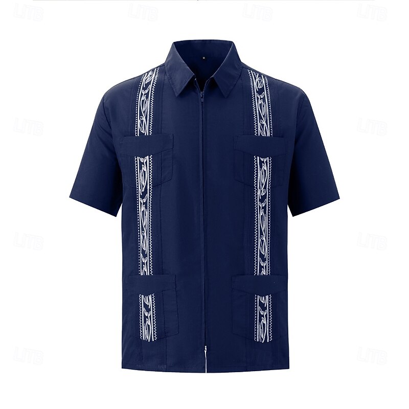 Men's Guayabera Shirt Burgundy Dark Navy Short Sleeve Embroidered Shirt Collar Outdoor Vacation Zip Up Clothing Apparel Elegant Vacation Vintage Daily2
