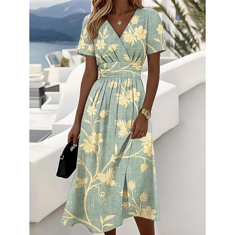 Women's Elegant Midi Dress A Line Dress Wrap Dress V Neck Short Sleeve Regular Fit Floral Graphic Red Sky Blue Ink Blue Green2