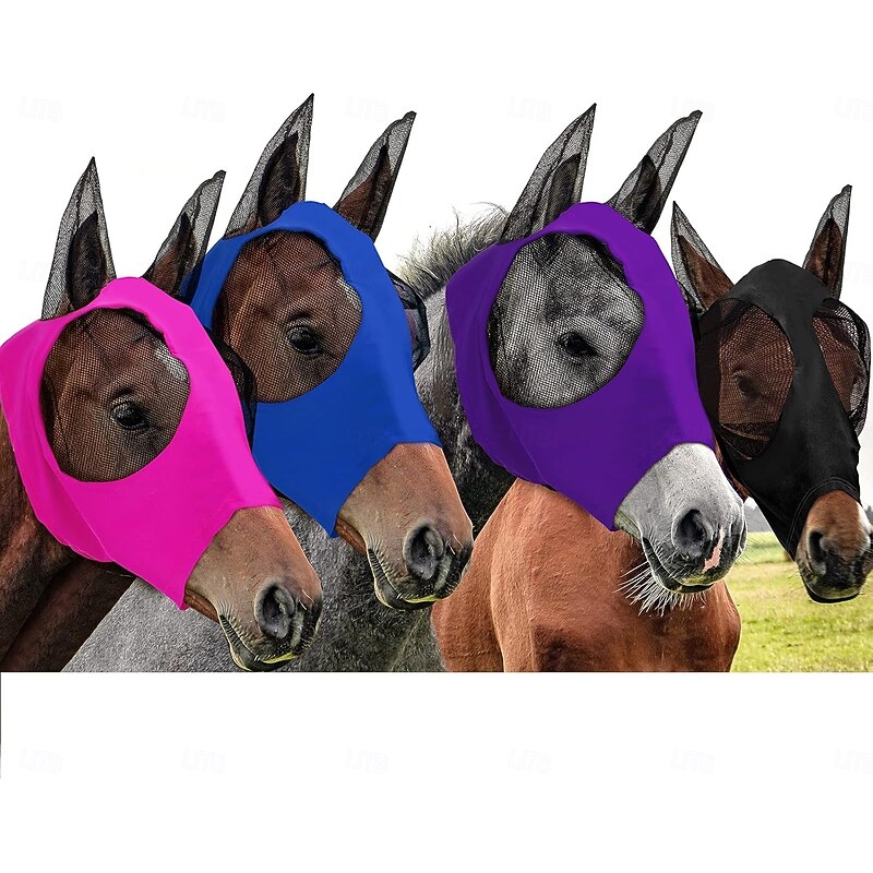Horse Fly Masks with Ears Head Fly Masks for Horses Smooth Elastic UV Protection Cover from Summer Insect Pests 1PCS
