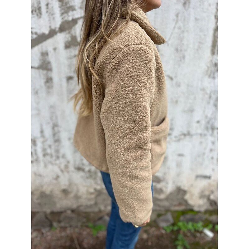 Women's Sherpa Jacket Warm Comfortable Pocket Faux Fur Trim Fashion Daily Plain Outdoor Casual Daily Single Breasted Regular Lapel Regular Fit Long Sleeve Outerwear Black Khaki Gray Spring Fall3