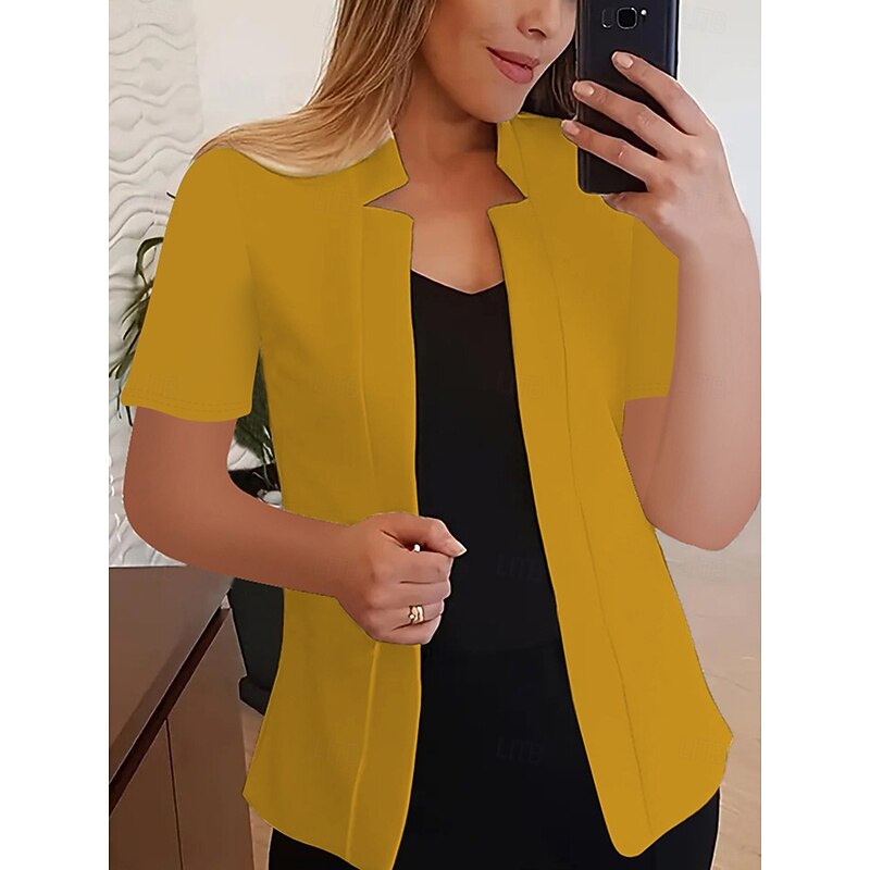 Women's Blazer Comfortable Breathable Slim Fit Fashion Modern Plain Work Daily Regular Stand Collar Regular Fit Short Sleeves Outerwear Black White Yellow Summer4