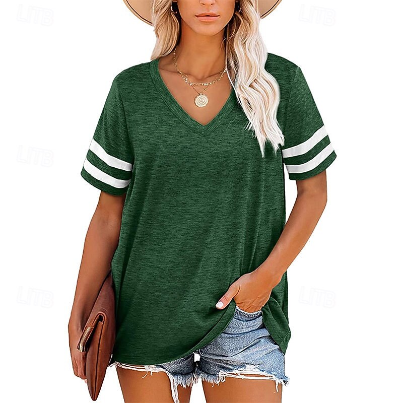 Women's Texture Blouse T Shirt Color Block Fashion Modern Short Sleeve V Neck Regular Tops Daily Pink Green Gray Summer3