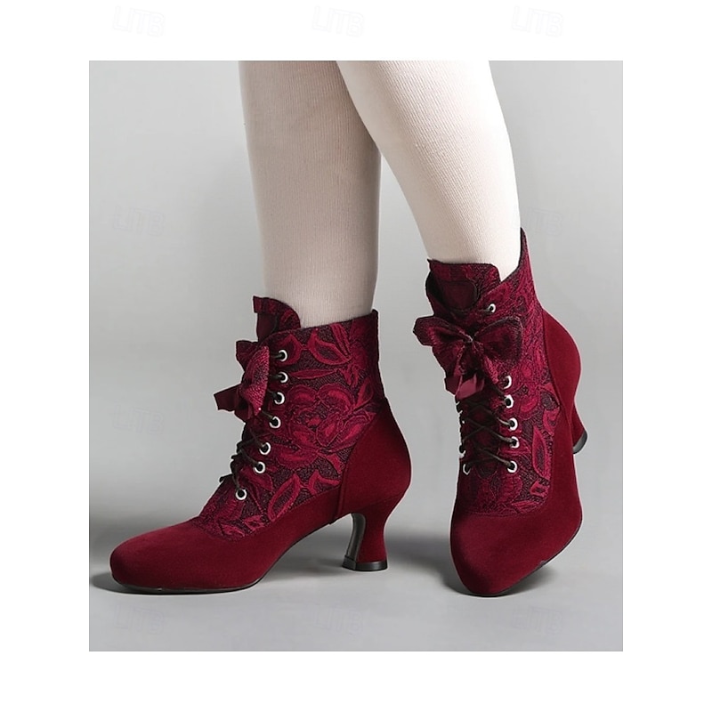 Women's Burgundy Victorian Lace-Up Ankle Boots with Floral Lace Design and Mid-Heel – Elegant Retro Style for Formal and Casual Occasions2