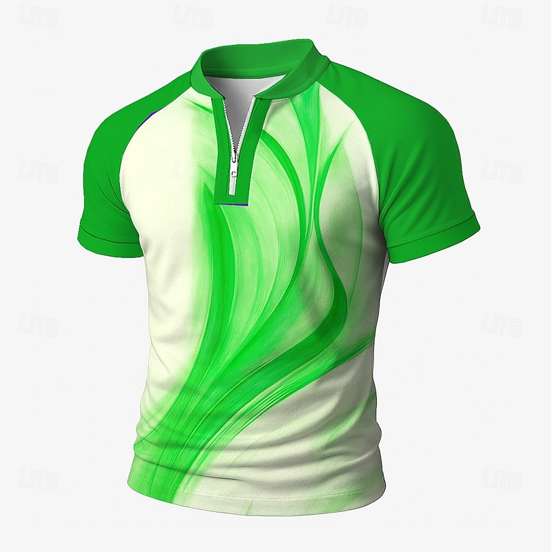Men's Geometic Line Zip Polo Short Sleeve Stand Collar Business Modern Leisure Sports & Outdoor Business Athleisure Zipper 3D Print Summer Robin's Egg Blue Purple Green2