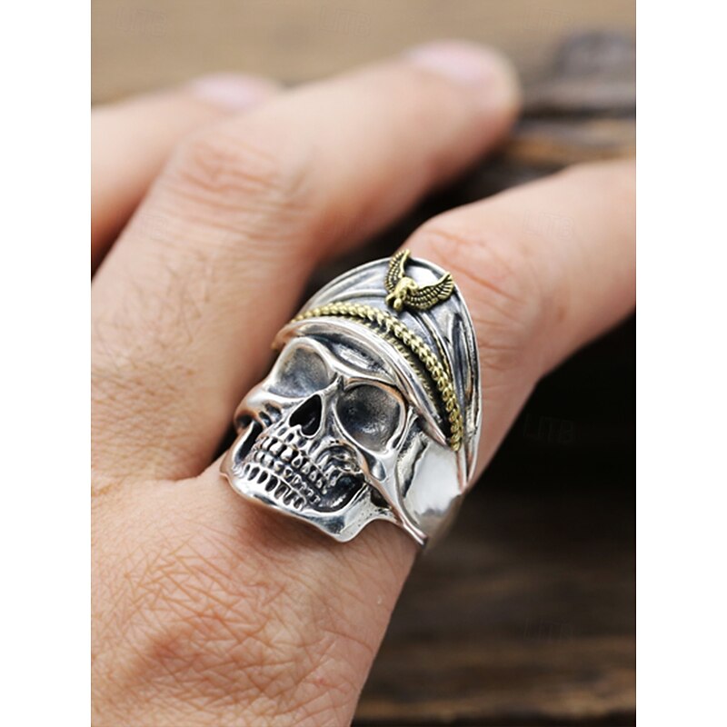 Men's Skull Ring with Officer Hat and Eagle Emblem – Adjustable Alloy Halloween Punk Jewelry for Biker and Gothic Style3
