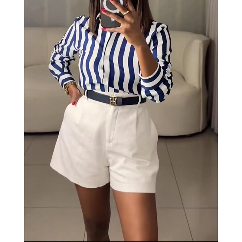 Women's Shirt Summer Tops Striped Daily Stylish Basic Long Sleeve Shirt Collar Regular Tops Work Daily Holiday Buttons Blue Spring Fall4