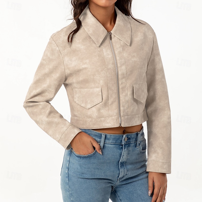 Women's Faux Leather Jacket Comfortable Full Zip Fashion Street Style Plain Outdoor Casual Daily Short Turndown Regular Fit Long Sleeve Outerwear Black Pink Camel Spring Fall3
