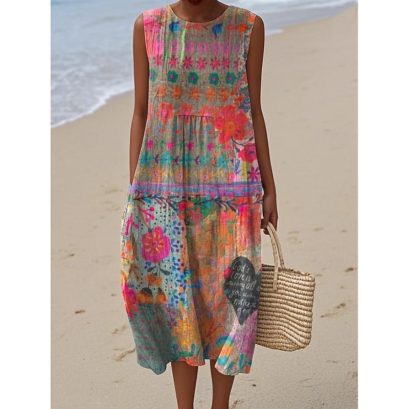 Women's Midi Dress Sundress Shift Dress A Line Dress Vacation Casual Boho Party Going out Beach Loose Fit Floral Graphic Sleeveless Crewneck Light Yellow Deep Green Gray Green Orange red Summer Spring2
