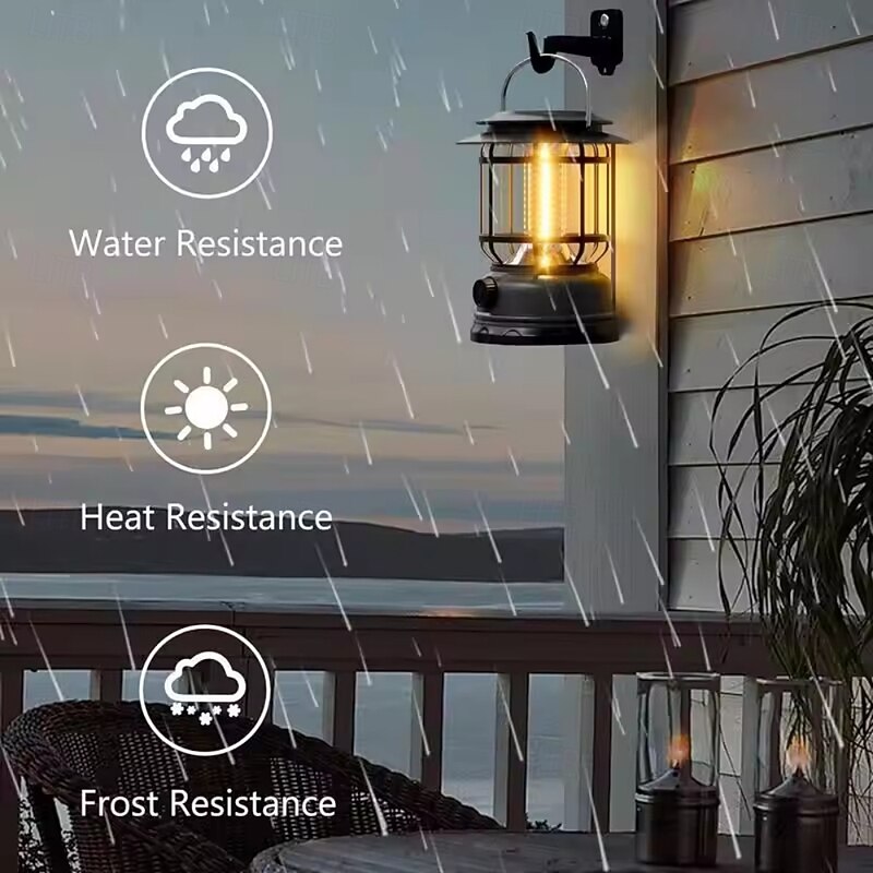 Solar Camping Lantern USB Rechargeable Retro Dimmable Camping Lamp Waterproof Portable Tent Light for Indoor Outdoor Hiking Emergency Black2