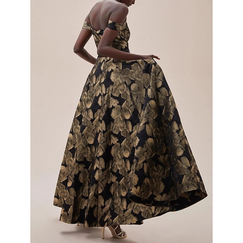 Black and Gold A-Line Evening Gown Elegant Dress Formal Wedding Floor Length Short Sleeve Off Shoulder Pocket Nylon with Slit4