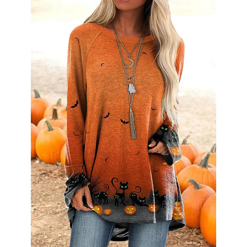 Halloween Women's T shirt Witch Long Sleeve Graphic Pumpkin Vintage Stylish Classic Long Sleeve Crew Neck Round Neck Long Tops Daily Print Yellow Orange Gray Spring Fall Prefall3