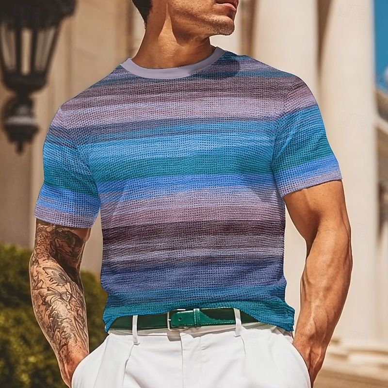 Men's Geometric Horizontal Stripes Waffle Shirt Short Sleeve T shirt 3D Print Crew Neck Shirt Fashion Casual Comfortable Street Casual Daily Yellow Blue Brown Summer Spring Clothing Apparel S M L XL2