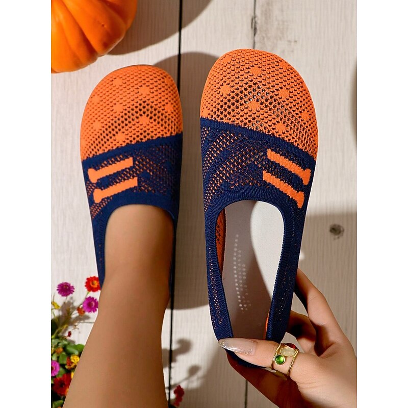 Women's Orange Flyknit Flats – Breathable Slip-On Shoes for Halloween, Fall Festivals and Casual Daily Looks