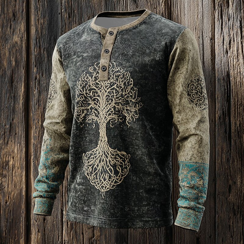 Men's Graphic Tree Henley Shirt Graphic Tee Long Sleeve Vintage Fashion Cute Casual Holiday Going out Spring Fall Spring & Fall Black Henley Henley T-Shirt
