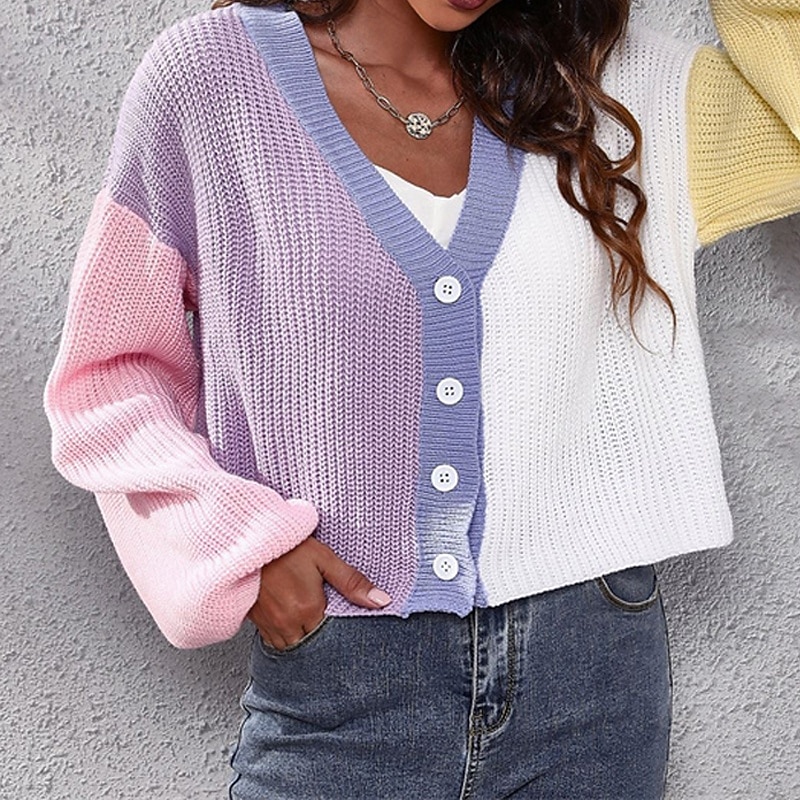 Women's Cardigan Casual Color Block Chunky V Neck Knitted Long Sleeve Regular Tops Knit Daily Holiday Going out Purple Fall Winter4