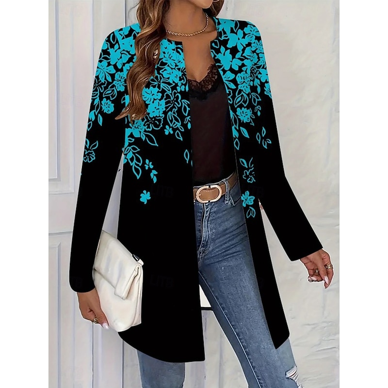 Women's Casual Jacket Comfortable Breathable Pocket Open Front Elegant Casual Boho Vintage Floral Casual Daily Wear Open Front Long Crewneck Regular Fit Long Sleeve Outerwear Pink Blue Spring Fall