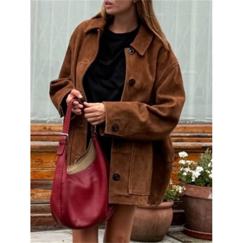 Women's Coat Comfortable Pocket Buttons Fashion Street Style Plain Outdoor Casual Daily Regular Turndown Regular Fit Long Sleeve Outerwear Brown Spring Fall