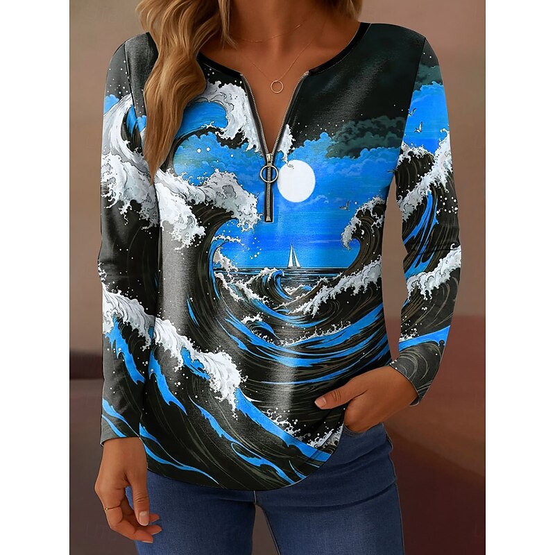 Women's T Shirt Quarter Zip Long Sleeve Casual Graphic Ocean Elegant Vintage Stylish V Neck Regular Tops Daily Pink Blue Orange Green Spring Fall3