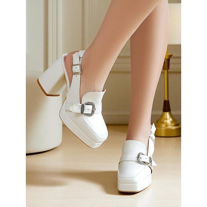 Women's Black Slingback Platform Loafers - Chunky Heel Dress Shoes with Western Buckle for Office, Parties, and Vintage-Inspired Outfits3